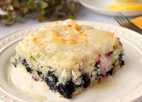 A delicious tender, moist Coconut Blueberry Cake topped with a Lemon Glaze! Blueberry Buttermilk Breakfast Cake, Coconut Blueberry, Blueberry Breakfast Cake, Blueberry Topping, Blueberry Cream Cheese, Lemon Glaze, Blueberry Cake, Blueberry Recipes, Lemon Cream