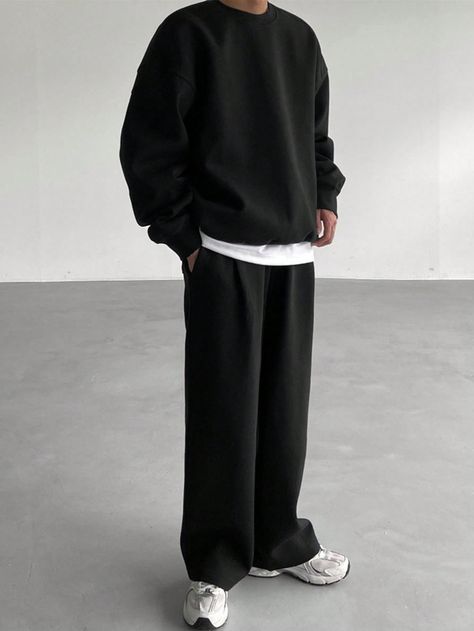 2pcs Men's Solid Color Crew Neck Tracksuit Sweatshirt And Pocket Sweatpants Casual Black Set For Fall Black Casual    Plain  Slight Stretch Fall Men Clothing, size features are:Bust: ,Length: ,Sleeve Length: Fashion Inspo Outfits Men Black, Fall Clothing Men, Baggy Black Sweatpants Outfit, Dark Clothes Men, Guys Clothing Styles Streetwear, Black Pantalon Outfit, Baggy Sweatpants Outfit Men, Baggy Mens Fashion, All Black Fits Men