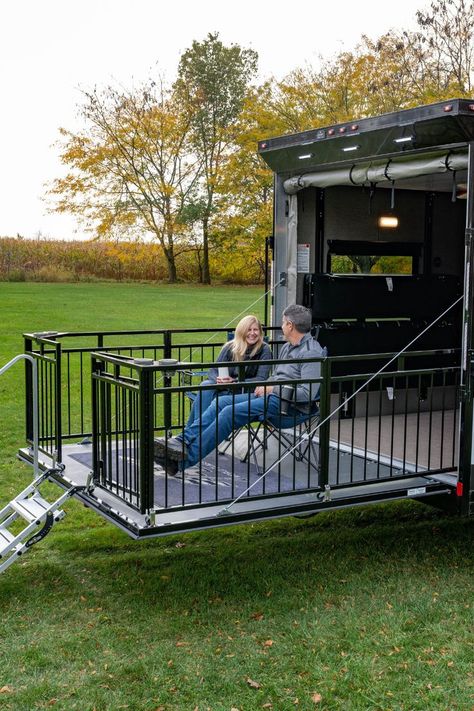 Porch For Rv, Diy Cargo Trailer, Porch For Camper, Trailer Camper Conversion, Enclosed Trailer Camper, Trailer Deck, Cargo Trailer Camper Conversion, Cargo Trailer Conversion, Camper Interior Design