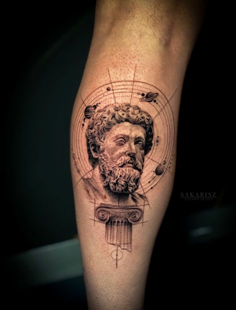 Marcus Aurelius tattoo statue head fineline Stoic Tattoo Sleeve, Machiavelli Tattoo, Marcus Aurelius Art, Marcus Aurelius Tattoo, Stoic Tattoo, Atlas Tattoo, Sleeve Ideas, Leg Sleeve Tattoo, Awesome Tattoos