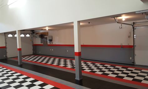 David C is almost done with his checkered garage floor with a red border! Loving what he is doing with this garage! #GarageFlooring Shop Paint Ideas, 50s Room, Garage Trellis, Ribbed Tile, Automotive Workshop, Garage Floor Tile, Officine In Garage, Vct Flooring, Laundry Room Decorating