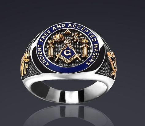 Pillars Sun & Moon Ancient Free and Accepted Masons Very fine Masonic ring: A.F. & A.M. Ring Ancient Free & Accepted Masons, with pillars, sun & moon, All Seeing Eye. Masons Masonry, M Ring, Freemason Ring, Square Tool, Masonic Ring, Seeing Eye, All Seeing Eye, All Seeing, Trendy Jewelry