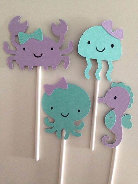 12 Girly Under The Sea Cupcake Toppers Mermaid Cupcake Under The Sea Cupcake Toppers, Sea Cupcakes, Dinosaur Cupcake Toppers, Mermaid Cupcake Toppers, Ocean Birthday Party, Deco Marine, Mermaid Birthday Party Decorations, Mermaid Theme Birthday Party, Mermaid Cupcakes