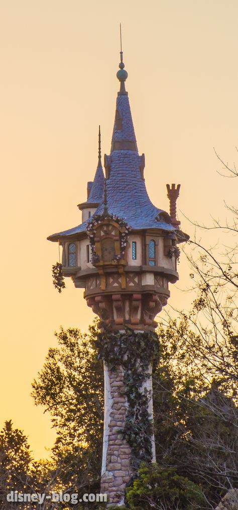 Sunset behind Rapunzel's tower at Disney's Magic Kingdom Rapunzel's Tower, Rapunzel Tower, Rapunzel Cosplay, Tangled Rapunzel, Disney Magic Kingdom, Disney Theme Parks, Disney Princesses, Magic Kingdom, Disney Magic