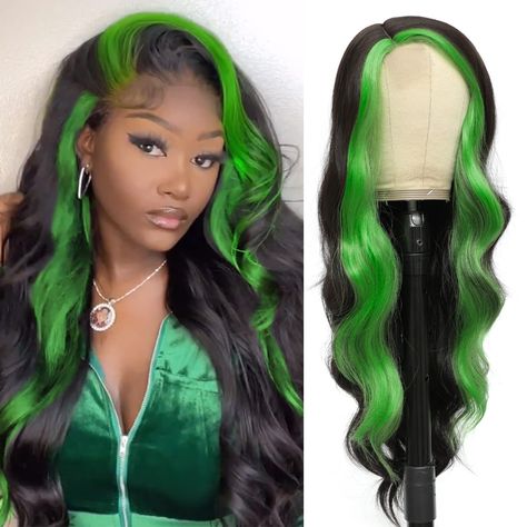 PRICES MAY VARY. 🌹Superiority - The magic place for a wig is that it makes you more gorgeous, and you deserve to have it. This Long Wavy Colored Natural Color & Green Wig has a natural hairline, which makes the wig more natural and realistic. 🌹 Material:High quality imported premium synthetic fiber, feel like human hair and scalp, Ventilative, comfortable for daily wear. Wig Comes with suprise nice gifts. 🌹Gorgeous Look:Long wavy black wig with infinite charm, will make you the focus of every Side Part Black Wig, Wigs Skunk Stripe, Green Skunk Stripe, Blonde Underneath, Skunk Stripe, Hairstyle Idea, Green Wig, Nice Gifts, Wavy Wig