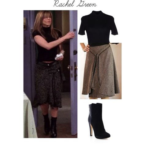 Rachel Green Fall Outfit Season 10 by caresse-vera on Polyvore featuring CourrÃ¨ges and Malone Souliers Rachel Green Season 10 Outfit, Friends Clothing Inspiration, 90s Outfits Rachel Green, Rachel Green Skirt Outfits, Rachel Green Fall, Rachel Green Office Outfits, Rachel Green Winter Outfits, Rachel Green Work Outfits, Green Outfit Fall