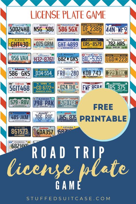 Printable license plate game to play in the car on a road trip - great for kids! License Plate Game, Road Trip Games For Kids, Road Trip Entertainment, Printable Road Trip Games, Road Trip Scavenger Hunt, Alphabet List, Road Trip Bingo, Printable Road, Taboo Game