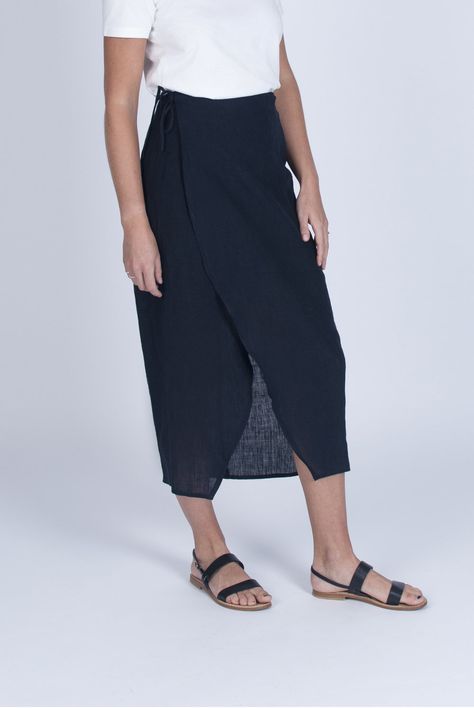 Linen midi skirt, by Veryan Linen Wrap Skirt, Linen Midi Skirt, Midi Wrap Skirt, White Linen Shirt, Navy Blue Linen, Navy Linen, Bamboo Silk, Comfortable Tops, Rolled Hem