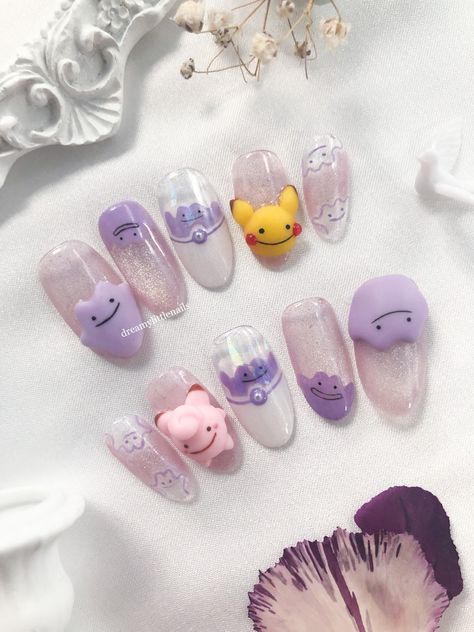 Ditto, Ditto Pikachu, and Ditto Clefairy 3D and glow in the dark press-on nails. Check out the glow on IG!! #ditto #dittonails #pokemon #pokemonnails #kawaii #3Dnails Ditto Nails Pokemon, Nails 2023 Art, Ditto Nails, Gengar Nails, Animal Crossing Nails, Kawaii Nail Designs, Pochacco Nails, Anime Nails Art, Sanrio Nail Art