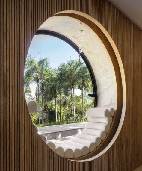 Room Window Design Modern, Shape And Form Interior Design, Interesting House Ideas, Interior Design Mirror Wall, Wooden Room Ideas, Cool Interior Design Ideas, Form In Interior Design, Dream House Nature, Circle Window Design