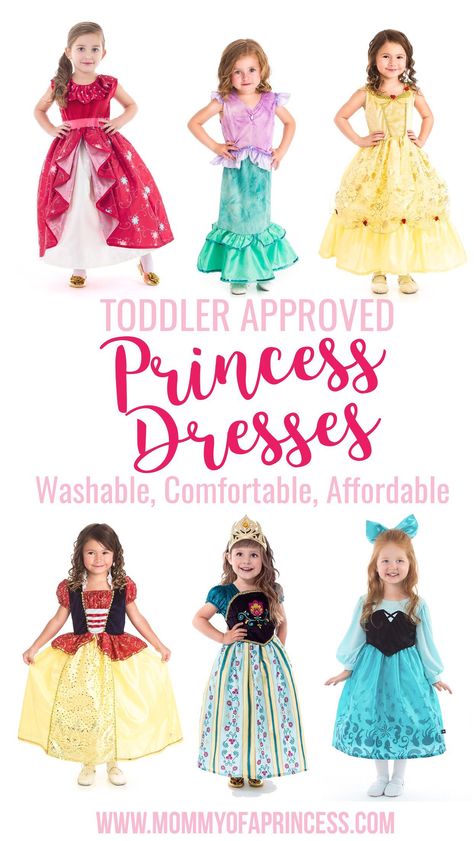 Toddler Approved Princess Dresses that are comfortable, machine washable, glitter free and super affordable! Perfect for Disney trips or daily princess wear. Toddler Princess Costume Pattern, Princess Dresses For Toddlers, Toddler Princess Costume, Diy Princess Costume, Princess Dresses Kids, Princess Dress Patterns, Princess Costume Kids, Disney Princess Dress Up, Toddler Dress Up