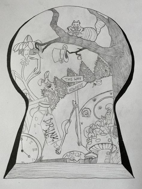 Alice And Wonderland Drawings Easy, Looking Through A Keyhole Art, Alice In Wonderland Sketches Pencil, Alice And Wonderland Drawings, Looking Through A Keyhole Drawing, Alice In Wonderland Drawing Easy, Alice In Wonderland Drawing Ideas, Alice In Wonderland Sketches, Alice In Wonderland Keyhole