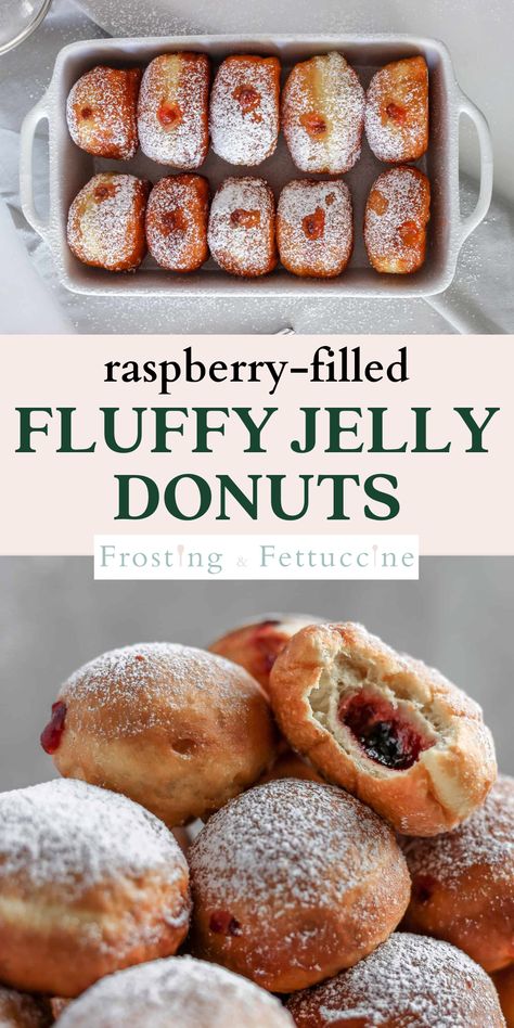 Raspberry Filled Doughnut, Raspberry Jelly Donut, Raspberry Donut Filling, Strawberry Filled Doughnut, Homemade Jelly Filled Donuts Recipe, Powdered Jelly Donut, Baked Jelly Filled Donuts Recipe, Jelly Filled Muffins, Homemade Powdered Donuts Recipe