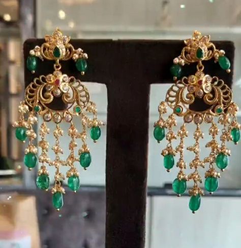 Green Beads Earrings Gold Indian, Latest Beads Jewellery Designs Gold, Black Beads Ear Rings Gold, Green Earrings Indian, Buttalu Earrings Gold, Choker Sets, Marriage Jewellery, Chand Bali, Anklets Indian