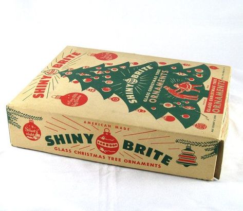 1950s Christmas Decorations, Green Packaging, Christmas Tree Box, 1950s Christmas, Tree Box, West New York, Vintage Packaging, Red Christmas Tree, Glass Balls