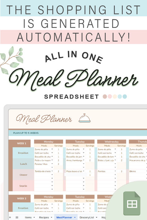 With this meal planner, you can easily customize your weekly meal plan based on your dietary preferences and schedule, the spreadsheet includes the following features: 🔸 Instructions 🔸 Add items (with +450 predefined items) 🔸 Recipes (+25 predefined recipes) 🔸 Weekly planner (up to 5 weeks) 🔸 And the automated grocery list (with pantry inventory) Meal Planner Spreadsheet, Meal Plan Spreadsheet, Weekly Food Planner, Meal Prep Grocery List, Financial Budget Planner, Free Planner Pages, Personal Budget Planner, Pantry Inventory, Budget Spreadsheet Template