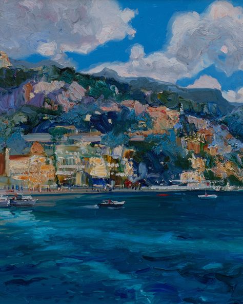 “Positano” by Khanlar Asadullayev, oil on canvas, 110*50 sm. Price is 4700 euro including WW shipping. The artwork depicting Positano captures the breathtaking beauty of this iconic Italian coastal town. The piece exudes a sense of tranquility and elegance, offering viewers a glimpse into the enchanting allure of Positano’s colorful cliffside buildings, cascading down towards the azure waters of the Amalfi Coast. The artwork skillfully employs a vibrant color palette to convey the warmth and... Vibrant Color Palette, Coastal Town, The Amalfi Coast, Breathtaking Beauty, Coastal Towns, Positano, Amalfi Coast, Amalfi, Landscape Paintings