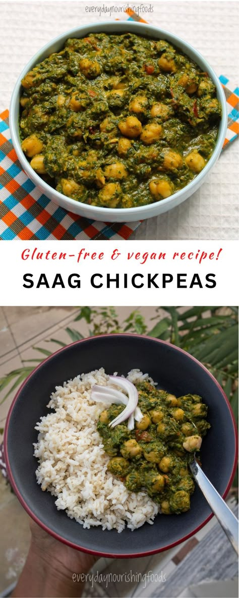 Chana Saag Vegan, Indian Saag Recipe, Chana Palak Masala, Indian Bean Recipes, Indian Gluten Free Recipes, Indian Kale Recipes, Chickpeas Indian Recipe, Indian Garbanzo Bean Recipes, Spinach Stew Ghana Recipe