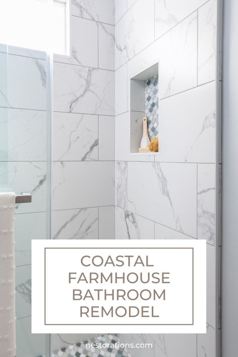 White_Modern_Farmhouse_Bathroom Coastal Farmhouse Bathroom Tile, Coastal Master Bathrooms, Coastal Bathroom Shower Tile Ideas, Modern Coastal Farmhouse Bathroom, Coastal Tile Bathroom, Coastal Shower Ideas, Small Coastal Farmhouse, Coastal Small Bathroom Ideas, White Shiplap Bathroom