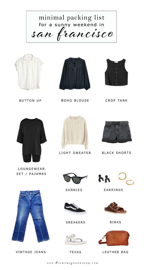 San Francisco Capsule Wardrobe, Northern California Packing List, Long Weekend Packing List Spring, San Francisco Spring Outfit Ideas, San Francisco Outfit Summer, Long Weekend Packing List, San Francisco Packing List, Minimal Packing List, Long Weekend Packing