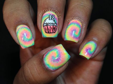 DIY Tie Dye Nail Art  •  Free tutorial with pictures on how to paint patterned nail art in under 90 minutes 18th Birthday Nails, Toenail Polish Designs, Birthday Nail Art, Do It Yourself Nails, Diy Tie Dye, Birthday Nail Designs, Top Coat Nail Polish, Tie Dye Nails, Summer Toe Nails