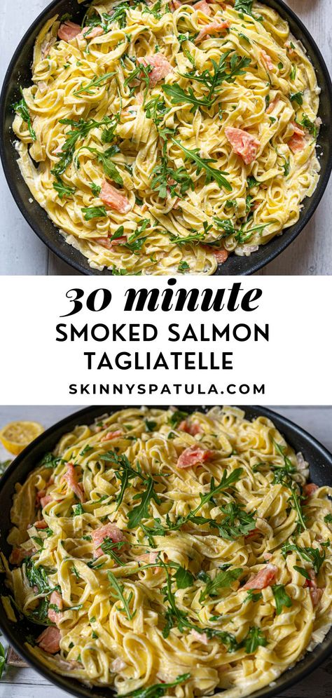 A super easy pasta recipe, this smoked salmon pasta has a lemony, creamy sauce that will make everyone ask for seconds. With just a few ingredients, you’ll have a restaurant-worthy meal on the table in 30 minutes! Salmon Tagliatelle Recipes, Salmon Tagliatelle, Salmon Linguine, Smoked Salmon Pasta Recipes, Rocket Recipes, Tagliatelle Recipe, Salmon Fillet Recipes, Salmon Pasta Recipes, Smoked Salmon Pasta