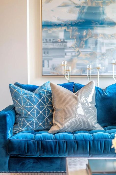 Blue Velvet Sofa Living Room Inspiration &amp; Tips Blue Velvet Sofa Living Room, Elegant Living Room Furniture, Velvet Sofa Living Room, Blue Velvet Sofa, Trendy Furniture, Sofa Living Room, Blue Sofa, Elegant Living Room, Online Interior Design