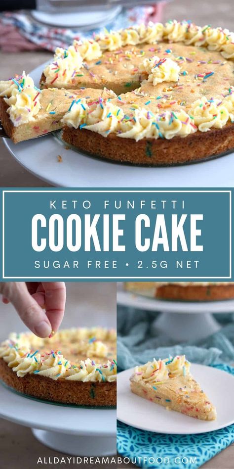 This keto sugar cookie cake is a deliciously tender giant almond flour cookie with sugar free sprinkles and frosting. It's the best of both worlds for keto dessert lovers. Keto Dessert Without Almond Flour, Low Carb Sugar Cookies, Keto Cookie Cake, Almond Flour Cakes Sugarfree, Keto Cake Icing Recipe, Keto Sugar Cookie Bars, Healthy Cookie Cake Recipe, Sugar Free Birthday Desserts, Gf Sugar Free Desserts