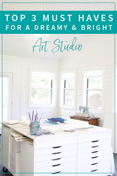 Dreamy Art Studio Whites + Lights — Deeann Rieves Spare Room Art Studio, Art Studio Flooring Ideas, Ikea Art Studio Ideas, Art Studio Must Haves, Art Studio Lighting Ideas, Art Studio Ikea, Lighting For Art Studio, Studio Must Haves, White Art Studio