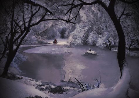 Concept art - Frozen lake Frozen Lake Aesthetic Dark, Frozen Forest Aesthetic, Ice Lake Aesthetic, Frozen Lake Drawing, Frozen Lake Painting, Frozen Lake Aesthetic, European Forest, Frozen Forest, Dead Forest