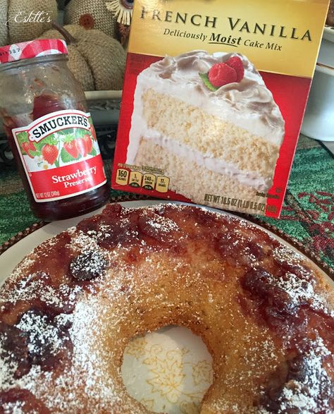 Estelle's: FRENCH VANILLA CAKE INFUSED WITH STRAWBERRY JAM Cake Mix Dessert Ideas, Vanilla Cake Mix Ideas, Vanilla Cake Ideas, French Vanilla Cake Mix Recipes, Vanilla Cake Mix Recipes, Strawberry Jam Cake, Jam Cake Recipe, Cake Mix Recipe, French Vanilla Cake