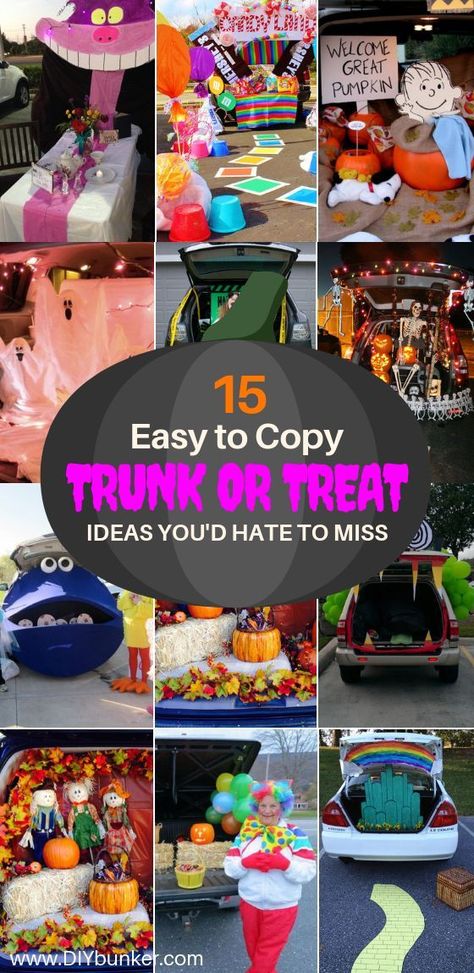 Treat Ideas For Halloween, Easy Trunk Or Treat Ideas, Easy Trunk Or Treat, Diy Alice In Wonderland, Church Trunk, Holiday Boards, Trunk Ideas, Trunk Or Treat Ideas, Carnival Ideas