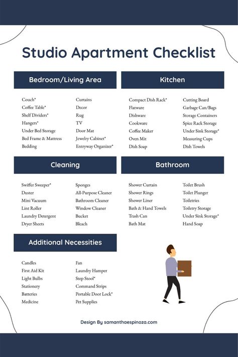 Studio Apartment Checklist Studio Apartment Necessities, First Studio Apartment Checklist, Studio Apartment Checklist, Apartment Move In, Clean Shower Liner, First Studio Apartment, Living Room Checklist, Studio Apartment Storage, Moving Out Checklist