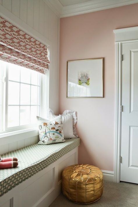 6th Street Design School: Pink and Gold Nursery Reveal wall paint Angelic by Sherwin Williams Pink And Gold Nursery, Built In Window Seat, Girls Room Colors, Pink Paint Colors, Gold Nursery, Cute Furniture, Pink Bedrooms, Design School, Street Design