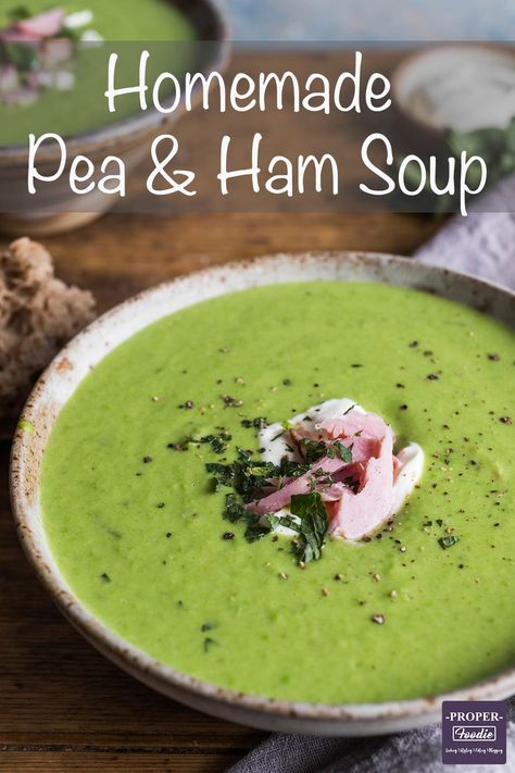 Pea and ham soup served with mint and creme fraiche Green Pea Soup With Ham, Pea Ham Soup, Ham Soup Recipes, Dinner Party Starters, Creamy Peas, Holiday Lunch, Pea And Ham Soup, Ham Soup, Gluten Free Lunch