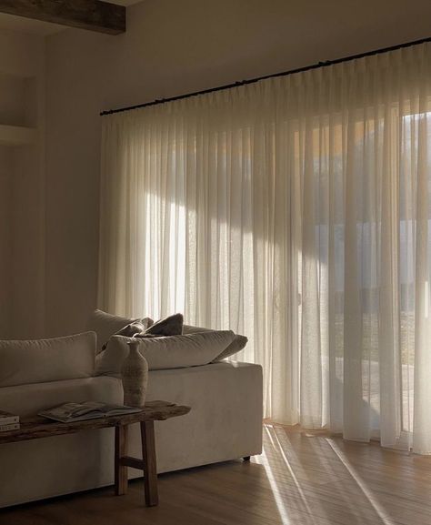 Soft Curtains Bedroom, Curtain Over Wall, Big Window Curtains Bedroom, Sheer Curtain Living Room, Floor To Ceiling White Curtains, Curtains For Big Windows Bedrooms, Long Window Blinds, Full Wall Window Curtains, Long Wall Curtains Living Rooms