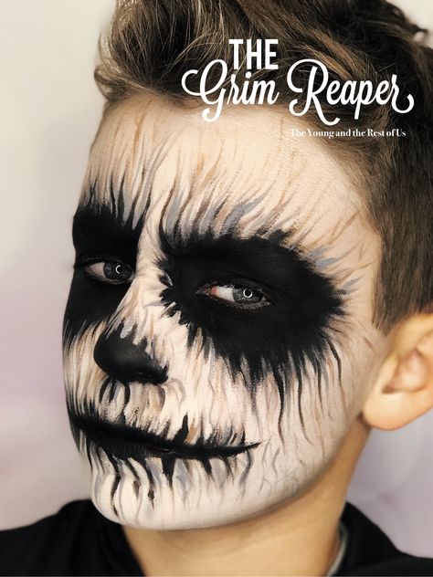 Kids Grim Reaper Makeup, Grim Reaper Face Paint For Kids, Grim Reaper Makeup Men, Grim Reaper Makeup Kids, Grim Reaper Face Paint, Halloween Face Makeup For Men, Diy Grim Reaper Costume, Creepy Face Paint, Reaper Makeup