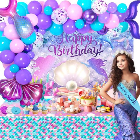 PRICES MAY VARY. Mermaid Birthday Decorations Pack List: This 224Pcs Mermaid Party Supplies Set Includes 103 different size and color balloons, 12 X cupcake toppers x, 5 X mermaid theme foil balloons，3 X hanging swirls, 100 stickers, 1pc mermaid sash. Designed to enchant and delight, is an essential decoration to create a memorable happy birthday party atmosphere. Our luxurious Mermaid Birthday Party Decorations are the ultimate choice for an unforgettable celebration. Premium quality: Take your Mermaid Birthday Party Decor, Mermaid Balloon Garland, Mermaid Party Decor, Girls Mermaid Party, Pack List, Mermaid Birthday Decorations, Mermaid Balloons, Mermaid Party Supplies, Mermaid Birthday Party Decorations