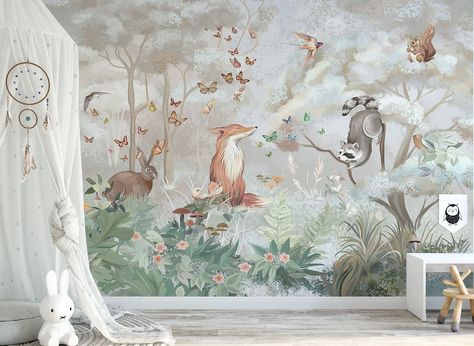 Forest Animals Wallpaper, Enchanted Forest Nursery, Gray Forest, Kindergarten Wallpaper, Forest Mural, Wallpaper Kids, Nursery Wall Murals, Forest Nursery, Baby Wallpaper