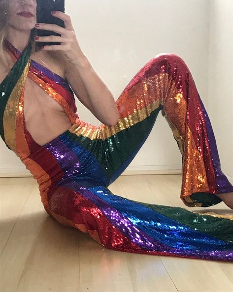 70s Sequin Jumpsuit, Discocore Outfits, Cher Rainbow Outfit, Cher Inspired Outfits 70s, Cosmic Outfit Ideas, Mardi Gras Outfit Ideas For Women, Cher 70s Costume, Pride Jumpsuit, Cher Jumpsuit