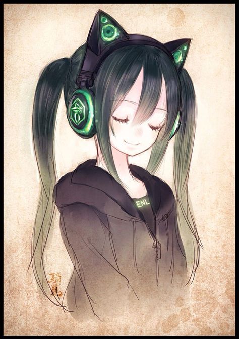 These are actual headphones 0.0 I've only seen the blue ones though Long Black Hair, An Anime, Long Black, Green Eyes, Cat Ears, Black Hair, Long Hair, Headphones, Green