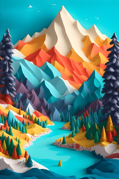 3d Landscape Painting, Pine Trees Illustration, Quilling Landscape, Burger Cartoon, 3d Mountain, Dinosaur Light, Scene Wallpaper, Paper Cutout Art, 3d Paper Art