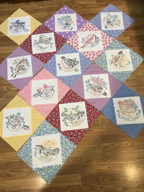 Catching up Embroidery Squares Quilt, Embroidered Quilts Ideas, Diary Quilt, Embroidered Quilt Blocks, Embroidery Quilts, Vintage Baby Quilt, Quilt Books, State Flowers, Patchwork Quilting Designs