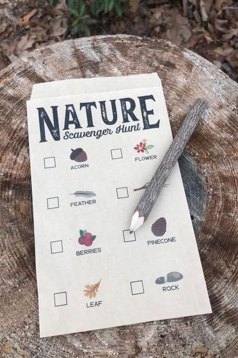 Camp Theme Wedding, Camping Wedding Theme, Nature Scavenger Hunt, Camping Theme Birthday, Classy Bachelorette Party, Campground Wedding, Summer Camp Wedding, Camp Theme, Kids Wedding Activities