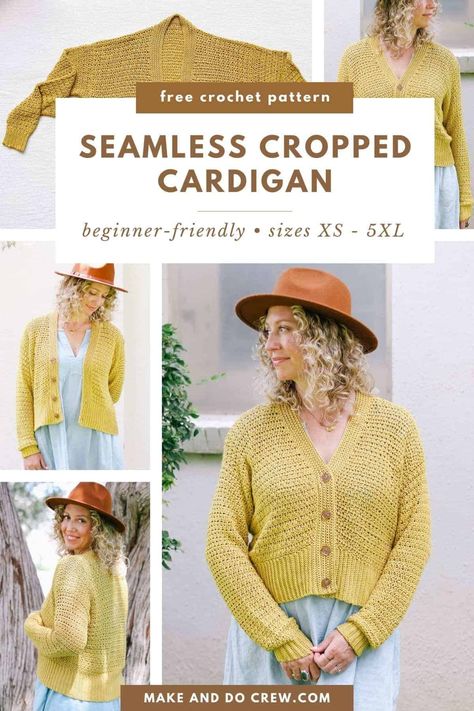 Dive into the world of modern crochet with this free pattern from Make and Do Crew. Craft a stylish cropped cardigan, perfect for every season. Made with bamboo yarn, it boasts a soft and drapey feel. Beginners will love its simple design and seamless pattern. Don it year-round and elevate every cropped cardigan outfit for spring, summer, fall, or winter. Visit the blog for the free cardigan pattern and discover more easy and quick crochet projects. - Crochet Sweaters Dk Crochet Cardigan Pattern, V Neck Cardigan Crochet Pattern, Spring Cardigan Knitting Pattern, Crochet Cardigan Dk Yarn, Crochet Ribbing For Cardigan, V Neck Crochet Cardigan, Crochet Cardigan Pattern Free 3 Weight Yarn, Fall Crochet Cardigan Pattern Free, Women’s Crochet Cardigan Pattern