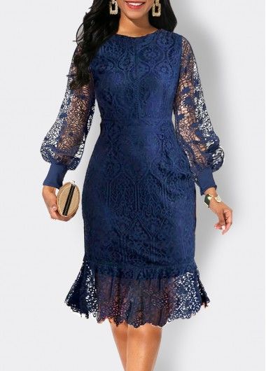 Lace Scoop Neck Long Sleeve Navy Bodycon Dress | Rosewe.com - USD $46.98 Elegant Navy Midi Dress For Fall, Navy Dress For Fall Party, Navy Fitted Wedding Dress, Elegant Navy Dresses For Fall, Elegant Navy Dress For Fall, Fitted Knee-length Lace Dress For Banquet, Navy Long Sleeve Midi Dress For Party, Navy Long Sleeve Fitted Dress, Navy Knee-length Mini Dress For Party