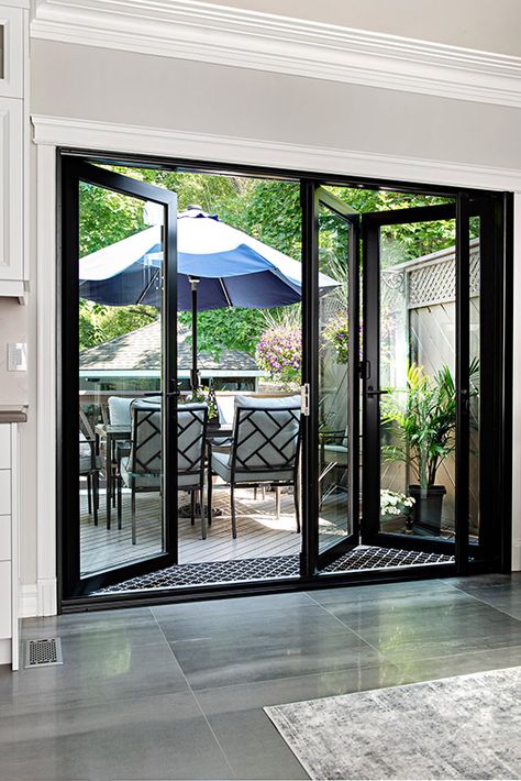 French Doors To Backyard Patio, Accordion Patio Door, Lanai Door Ideas, Outdoor Patio Door Ideas, Patio Door Options, Bifold Patio Doors With Screens, Accordion Doors Patio, Patio Sliding Doors Ideas, Sliding Doors Exterior Patio