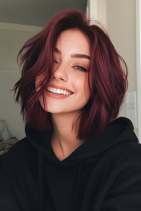 Click for More ➡️ | Save for Later ❤️A textured short shag with a deep burgundy tone that adds a rich, luxurious element to the style. (Burgundy-Tinted Shag - Short Shag Hairstyles) Short Red Hair With Curtain Bangs, Short Wine Red Hair, Red Hair With Curtain Bangs, Short Low Maintenance Haircut, Burgundy Short Hair, Red Bob Hairstyles, Short Burgundy Hair, Shag Short, Red Short Hair