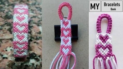 Heart Thread Bracelet, Heart Bracelet Tutorial, Heart Bracelet Pattern, Diy Bracelets With String, Thread Bracelet, Thread Bracelets, Heart Chain, Bracelet Tutorial, Friendship Bracelet Patterns