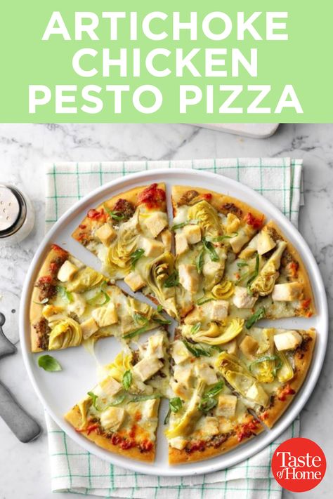 Chicken Pesto Pizza, Pesto Pizza Recipe, Chicken Pizza Recipe, Chicken Artichoke, Artichoke Pizza, Eagle Idaho, Chicken Pesto, Pesto Pizza, Artichoke Chicken